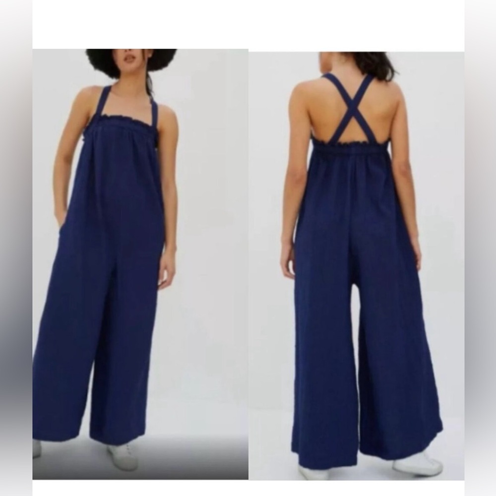 Anthropologie - Flowy Wide Leg Jumpsuit Dungarees | Small - oversized Navy Blue